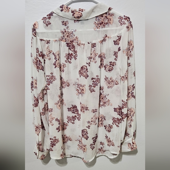 ModCloth Button Up Blouse Sheer White Pink Floral Button Front Sz 1X Chiffon B12 - Picture 2 of 6